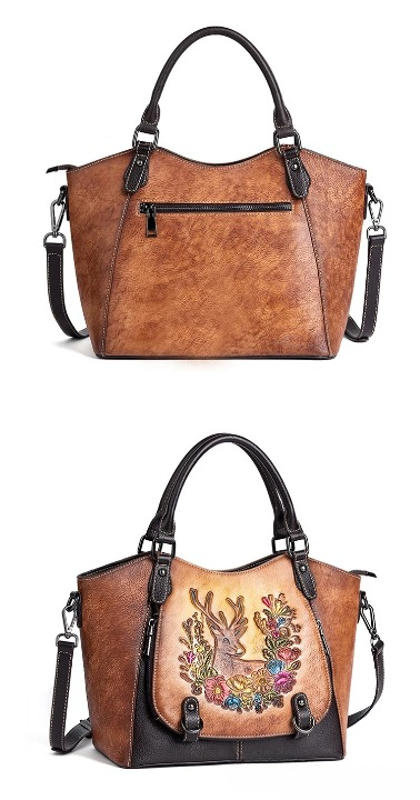 Chinese Style Cowhide Large Capacity Genuine Leather Hand Bags Mssza