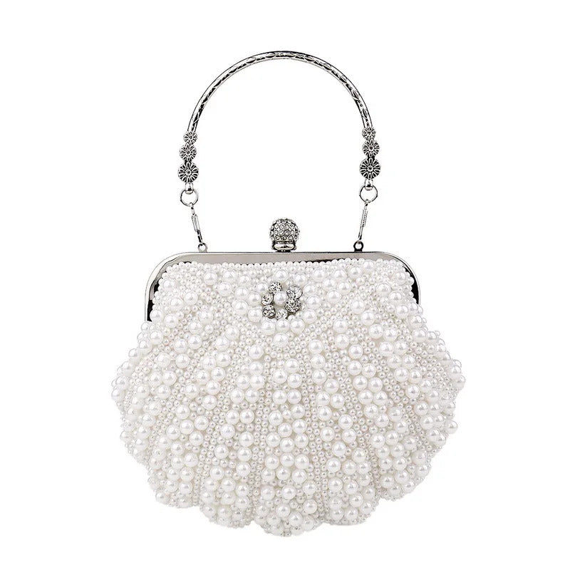 Metal Chain Shell Pearl Beading Purse Mssza