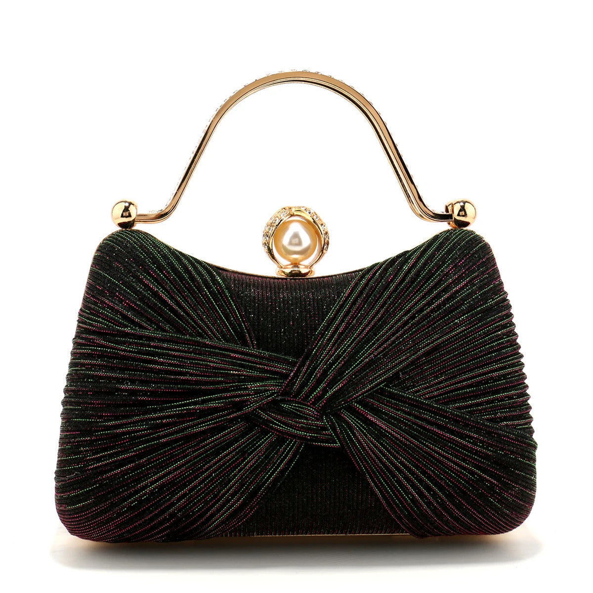 Bow Satin Ruched Handle Glitter Box Clutch Mssza