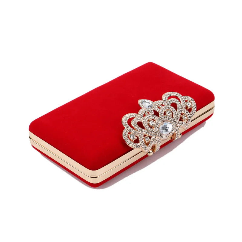 Leaf Design Diamonds Flap Shaped Velvet Luxury Clutch Mssza