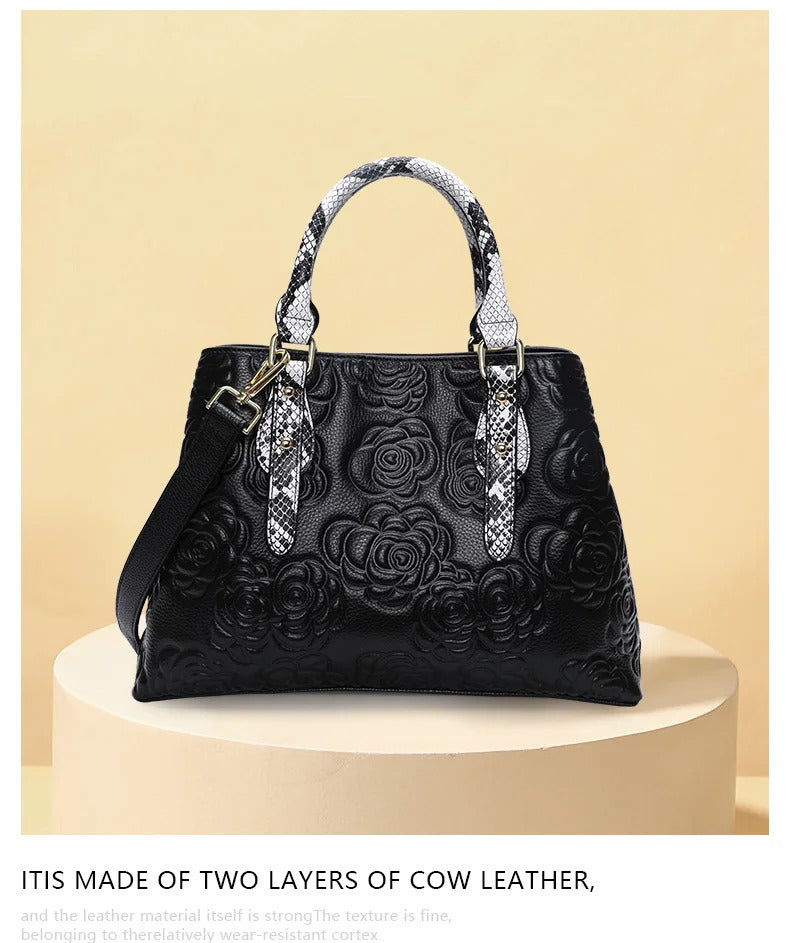 Large Capacity Embossed Cowhide One-Shoulder Handbag Mssza