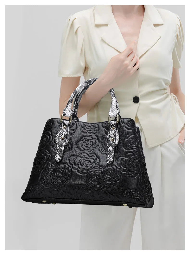 Large Capacity Embossed Cowhide One-Shoulder Handbag Mssza