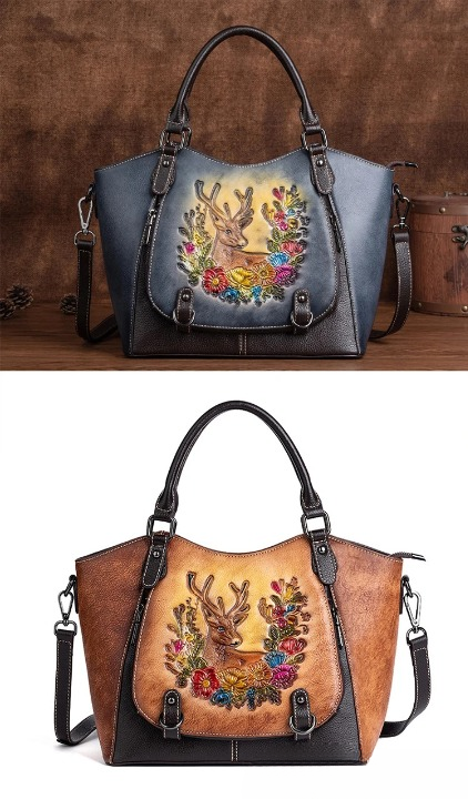 Chinese Style Cowhide Large Capacity Genuine Leather Hand Bags Mssza