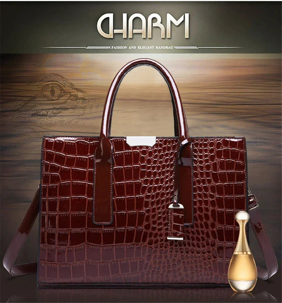 Casual Crocodile Print Large Capacity Patent Leather Tote Handbag Mssza