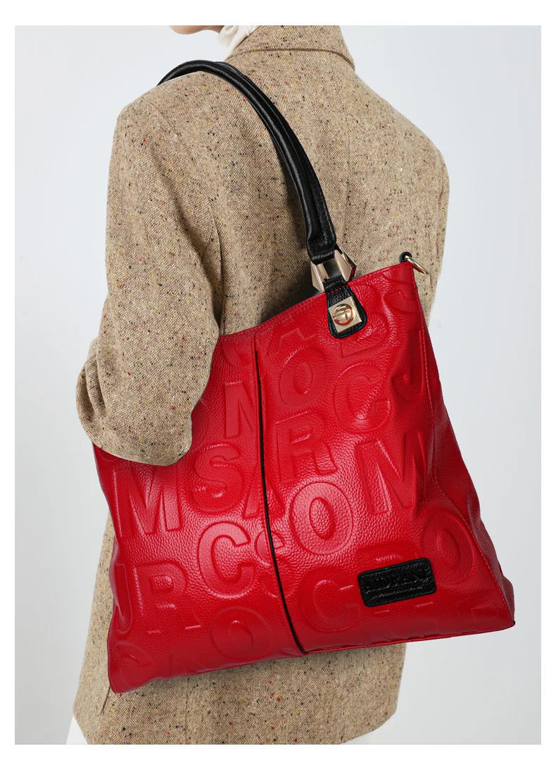 Letter Pattern High-Capacity Genuine Leather Handbag Mssza