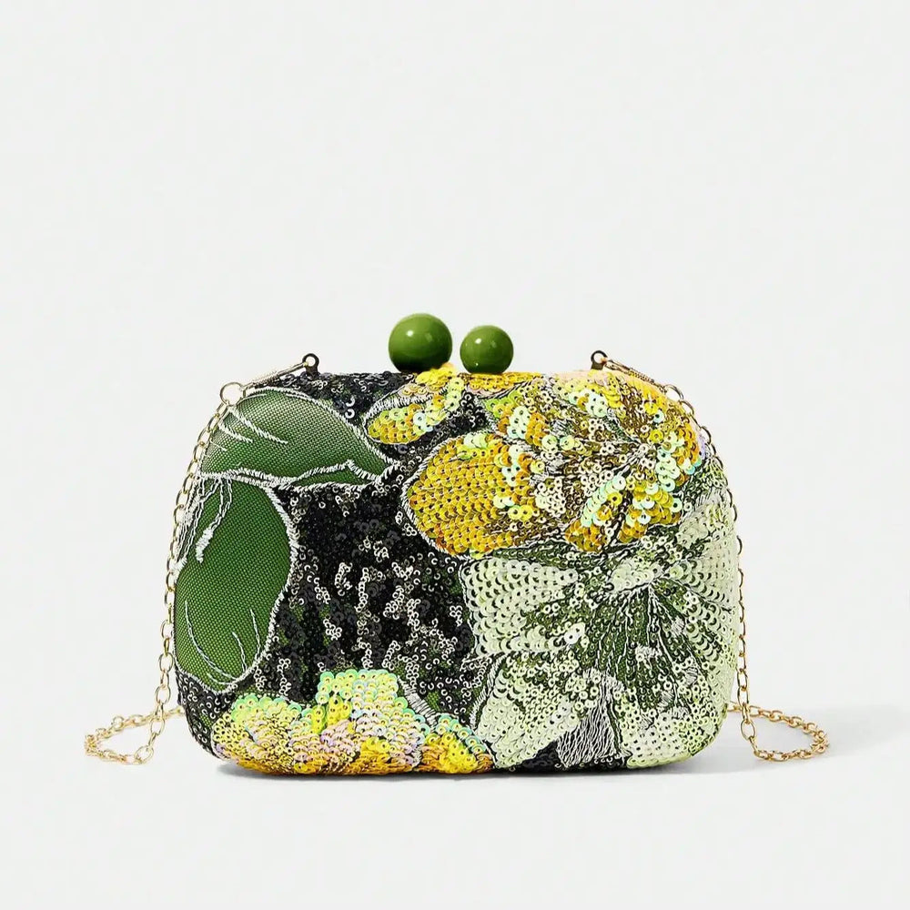 Embroidered Pearl Random Pattern Detachable Shoulder Strap Clutch Mssza