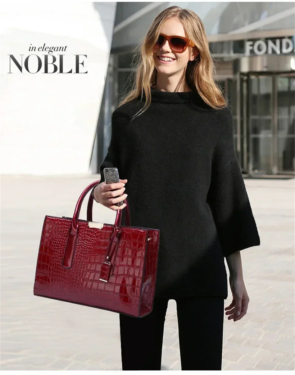 Casual Crocodile Print Large Capacity Patent Leather Tote Handbag Mssza