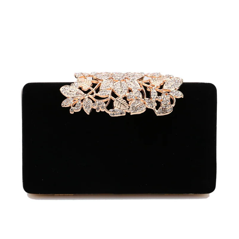 Leaf Design Diamonds Flap Shaped Velvet Luxury Clutch Mssza