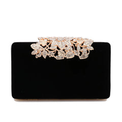 Leaf Design Diamonds Flap Shaped Velvet Luxury Clutch Mssza