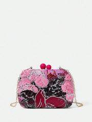 Embroidered Pearl Random Pattern Detachable Shoulder Strap Clutch Mssza