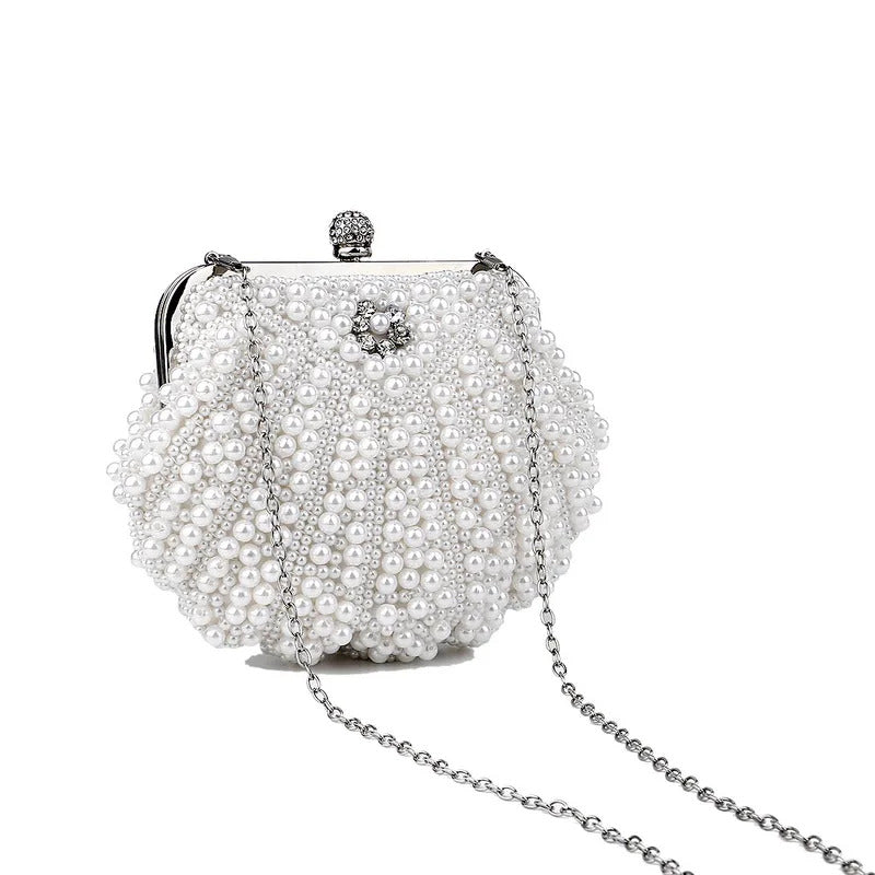 Metal Chain Shell Pearl Beading Purse Mssza