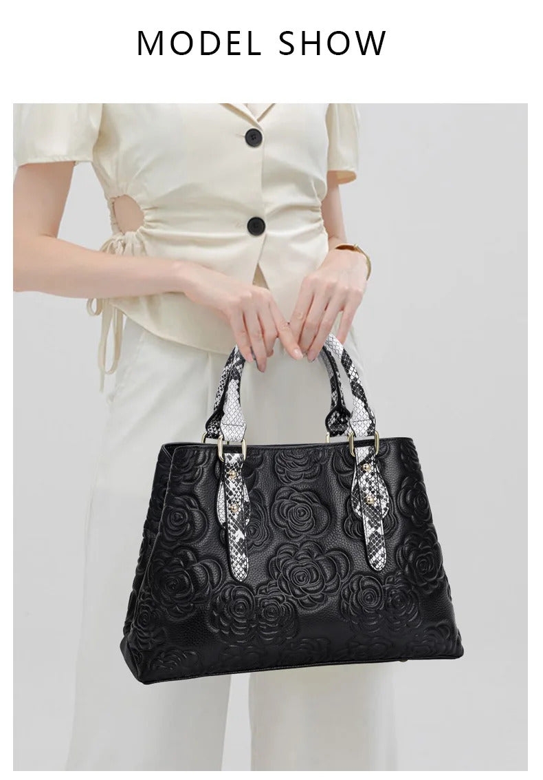 Large Capacity Embossed Cowhide One-Shoulder Handbag Mssza
