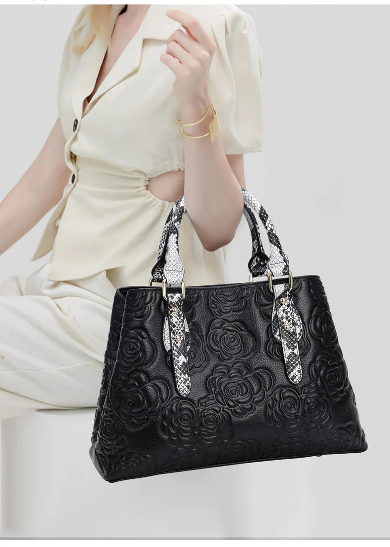 Large Capacity Embossed Cowhide One-Shoulder Handbag Mssza