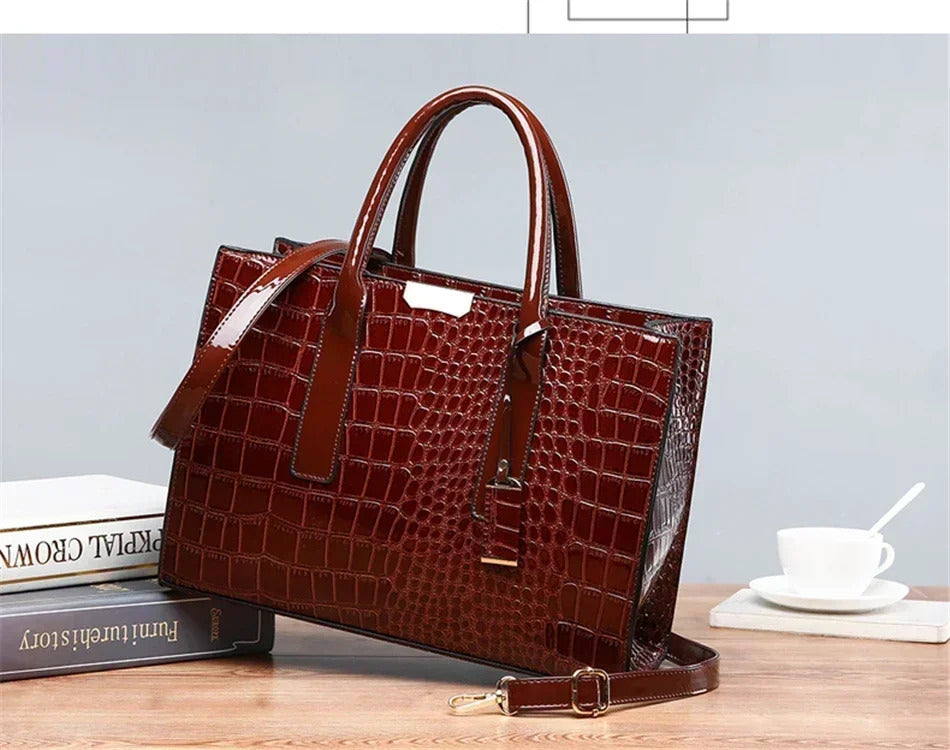 Casual Crocodile Print Large Capacity Patent Leather Tote Handbag Mssza