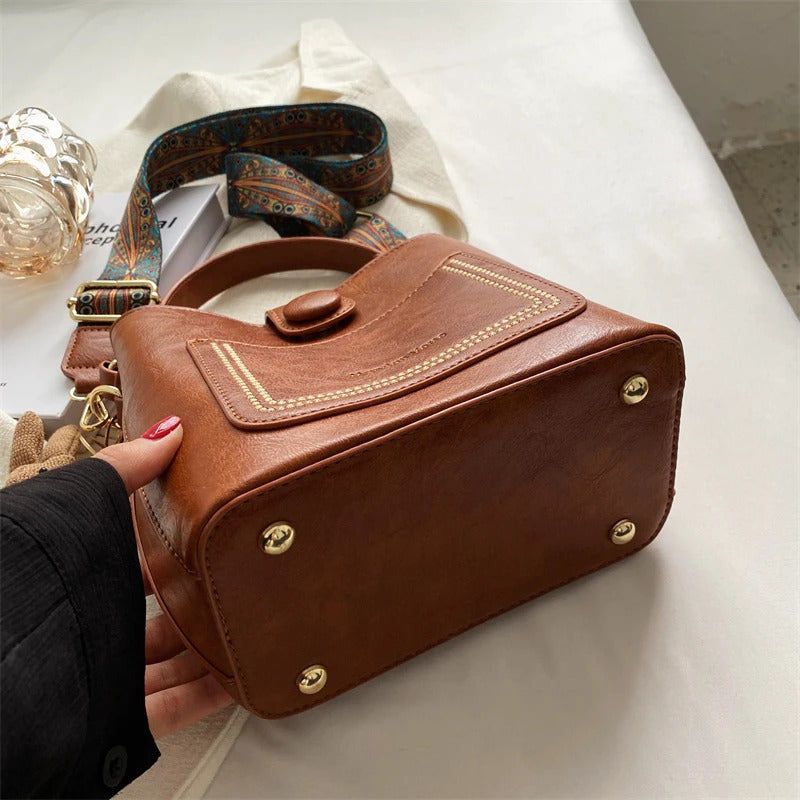 Simple Large High Capacity Vintage Shoulder Bucket Leather Tote Bag Mssza
