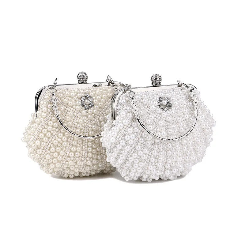 Metal Chain Shell Pearl Beading Purse Mssza