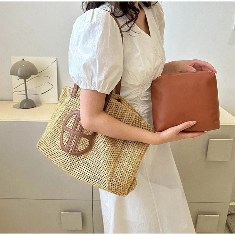 Straw Hollow Out Large Capacity Shoulder Set Handbag Mssza