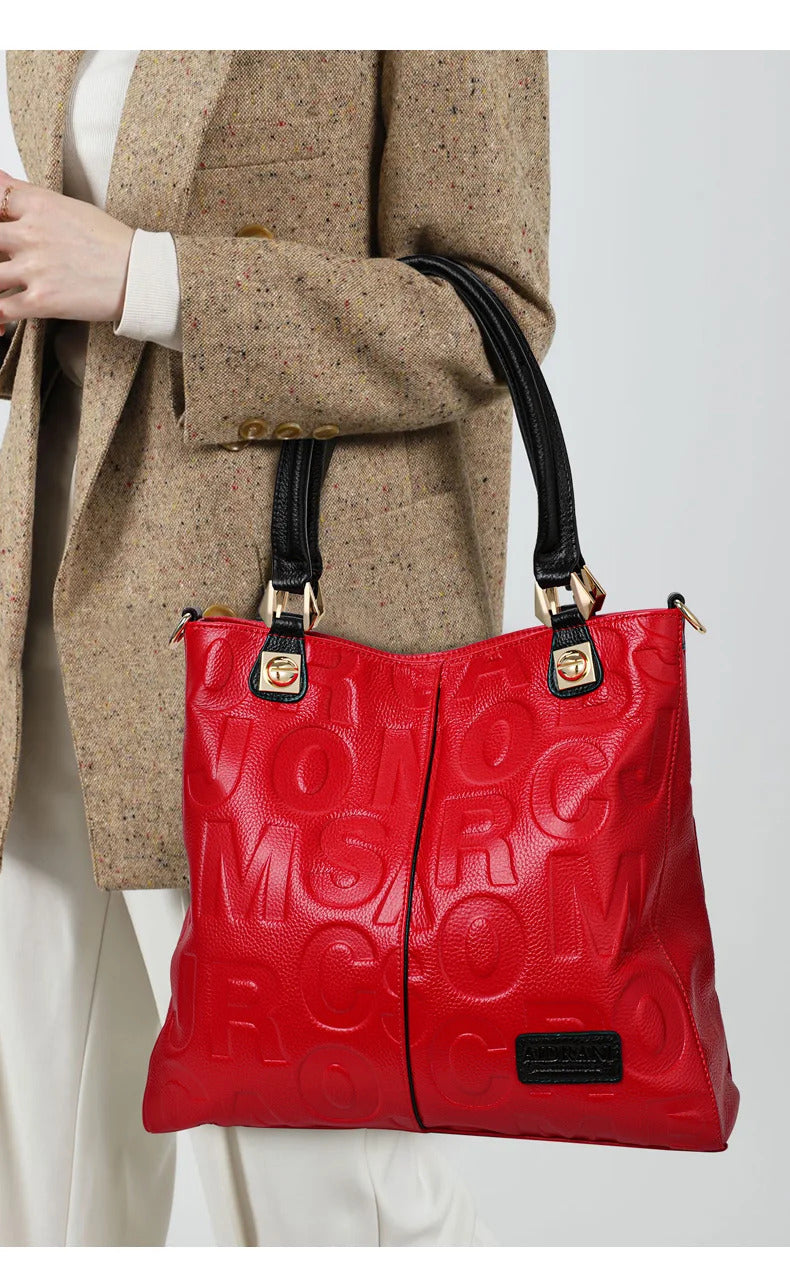 Letter Pattern High-Capacity Genuine Leather Handbag Mssza