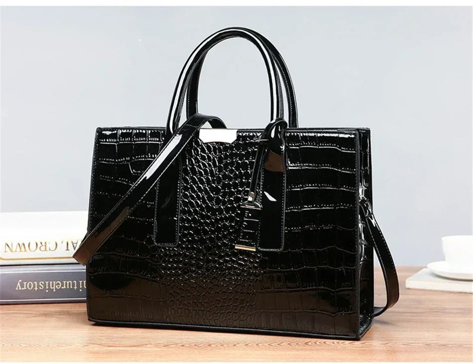 Casual Crocodile Print Large Capacity Patent Leather Tote Handbag Mssza