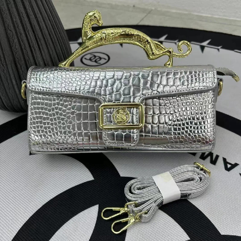 Crocodile Stone Pattern Golden Metal Handle Designer Shoulder Cross Body Bags Mssza