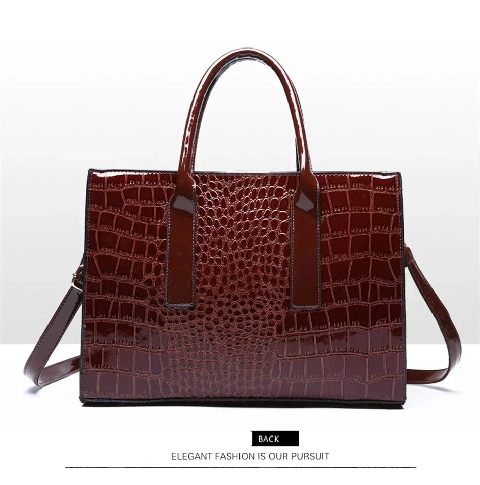 Casual Crocodile Print Large Capacity Patent Leather Tote Handbag Mssza