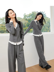 V-Neck Two Piece Causal Fake Elegant Office Top Long Pants And T-Shirt Mssza