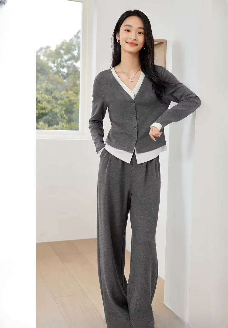 V-Neck Two Piece Causal Fake Elegant Office Top Long Pants And T-Shirt Mssza