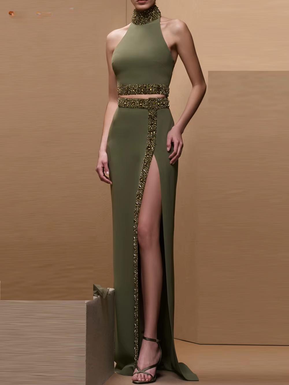 Elegant Turtleneck Crop Top Split Long Skirt Bead Diamond Two Pieces Sets Mssza