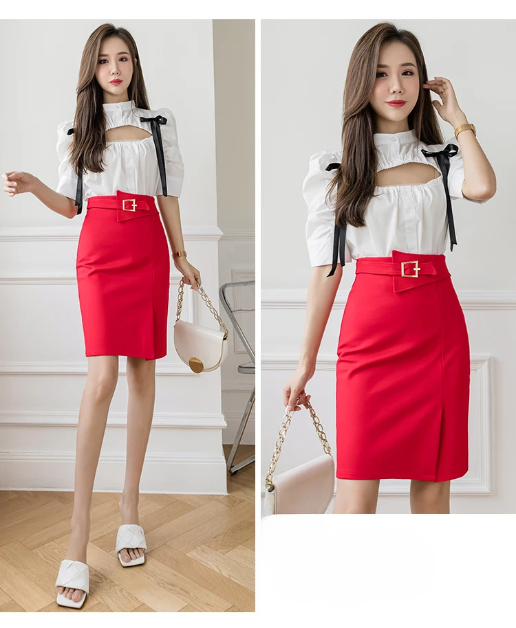 High Waist Wrapped Hip Casual Mid Length Commuter Elegant Midi Skirts Mssza