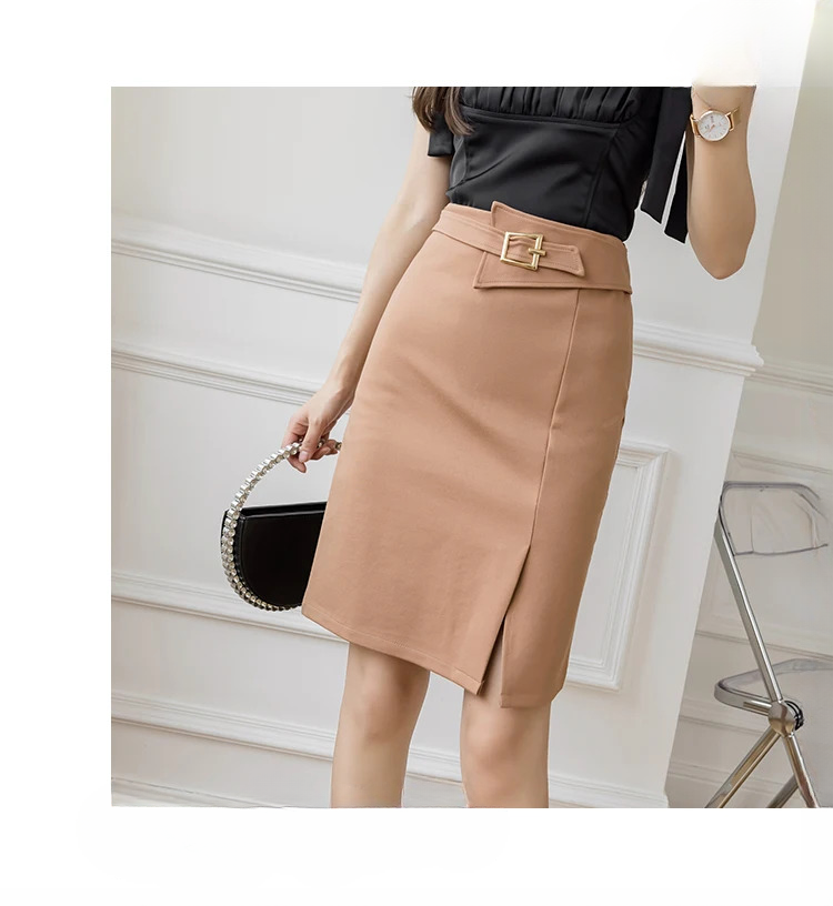 High Waist Wrapped Hip Casual Mid Length Commuter Elegant Midi Skirts Mssza