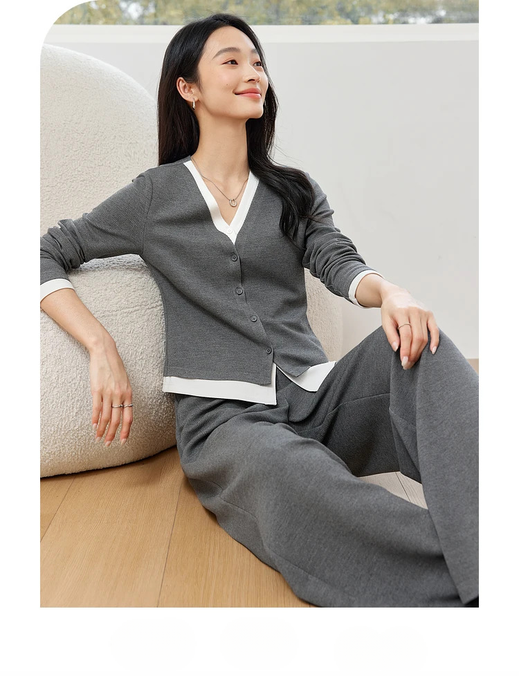V-Neck Two Piece Causal Fake Elegant Office Top Long Pants And T-Shirt Mssza