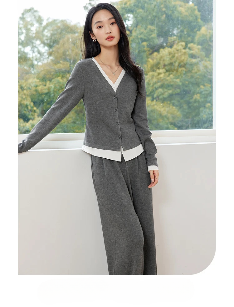 V-Neck Two Piece Causal Fake Elegant Office Top Long Pants And T-Shirt Mssza