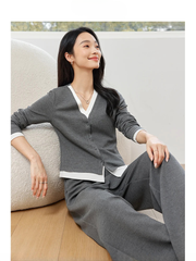 V-Neck Two Piece Causal Fake Elegant Office Top Long Pants And T-Shirt Mssza