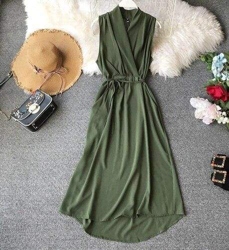 V-Neck Sleeveless Dresses French Chic Cross Drawstring Slim Waist Mssaz Desses