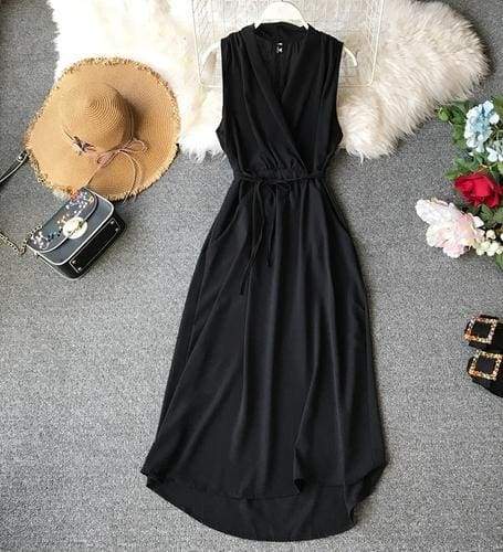 V-Neck Sleeveless Dresses French Chic Cross Drawstring Slim Waist Mssaz Desses