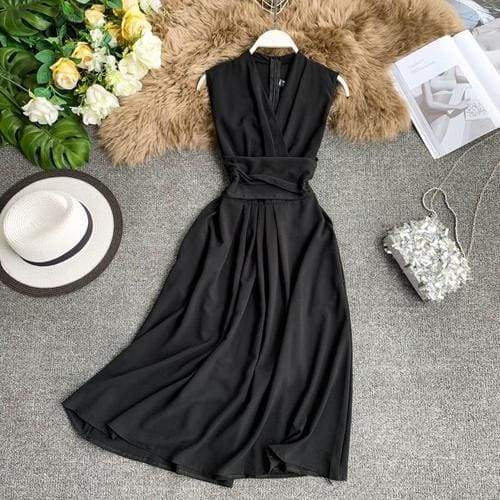 V-Neck Sleeveless Dresses French Chic Cross Drawstring Slim Waist Mssaz Desses