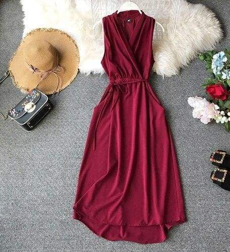 V-Neck Sleeveless Dresses French Chic Cross Drawstring Slim Waist Mssaz Desses