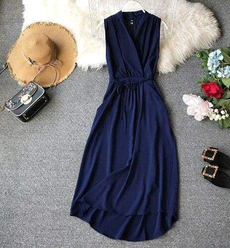 V-Neck Sleeveless Dresses French Chic Cross Drawstring Slim Waist Mssaz Desses
