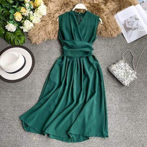 V-Neck Sleeveless Dresses French Chic Cross Drawstring Slim Waist Mssaz Desses