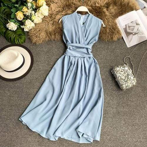 V-Neck Sleeveless Dresses French Chic Cross Drawstring Slim Waist Mssaz Desses