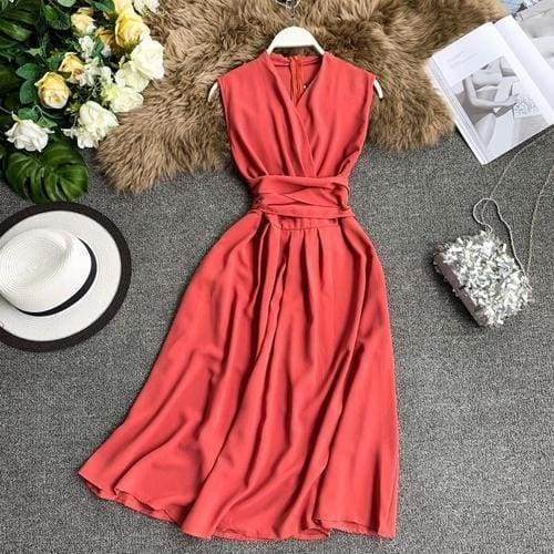V-Neck Sleeveless Dresses French Chic Cross Drawstring Slim Waist Mssaz Desses