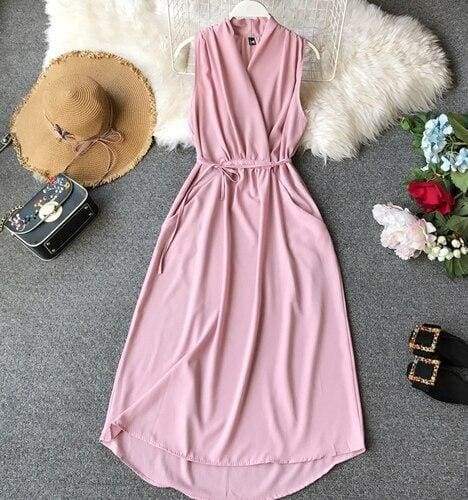 V-Neck Sleeveless Dresses French Chic Cross Drawstring Slim Waist Mssaz Desses