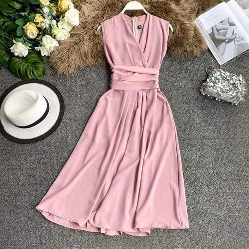 V-Neck Sleeveless Dresses French Chic Cross Drawstring Slim Waist Mssaz Desses