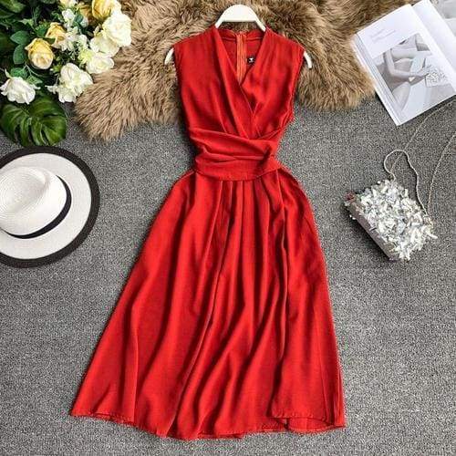 V-Neck Sleeveless Dresses French Chic Cross Drawstring Slim Waist Mssaz Desses