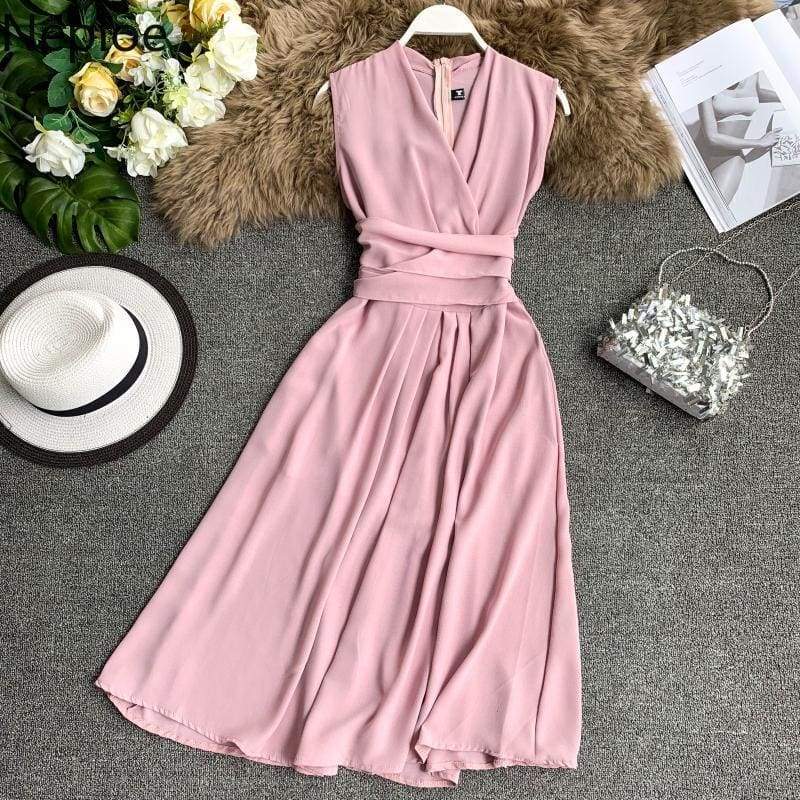 V-Neck Sleeveless Dresses French Chic Cross Drawstring Slim Waist Mssaz Desses