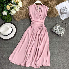 V-Neck Sleeveless Dresses French Chic Cross Drawstring Slim Waist Mssaz Desses