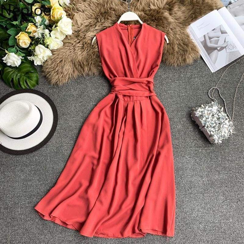 V-Neck Sleeveless Dresses French Chic Cross Drawstring Slim Waist Mssaz Desses