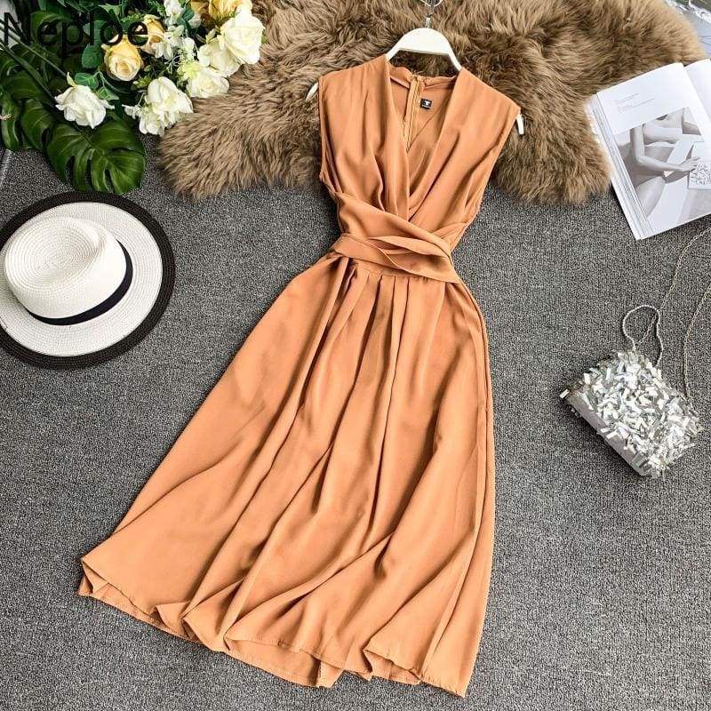 V-Neck Sleeveless Dresses French Chic Cross Drawstring Slim Waist Mssaz Desses