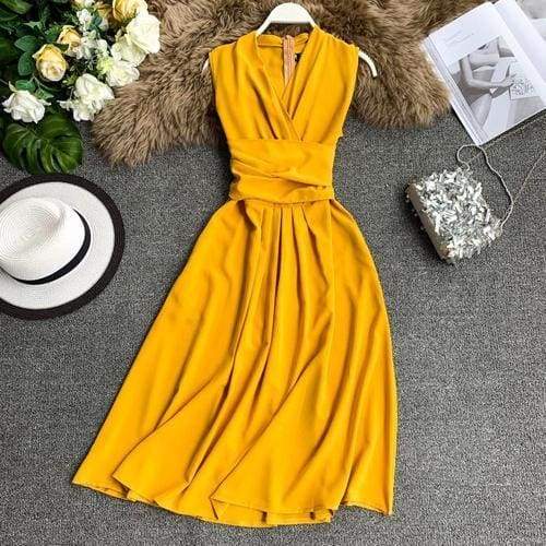 V-Neck Sleeveless Dresses French Chic Cross Drawstring Slim Waist Mssaz Desses