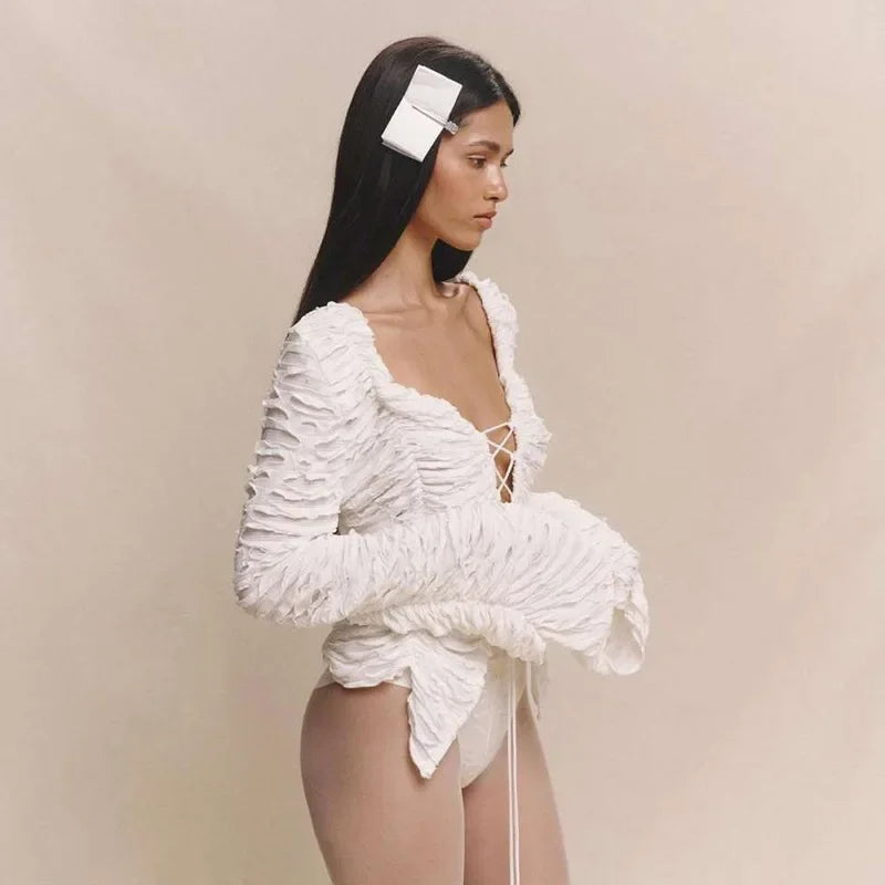 Casual Gathered Long Sleeve V-Neck Lace Up Hollow Solid Crop Top Mssza
